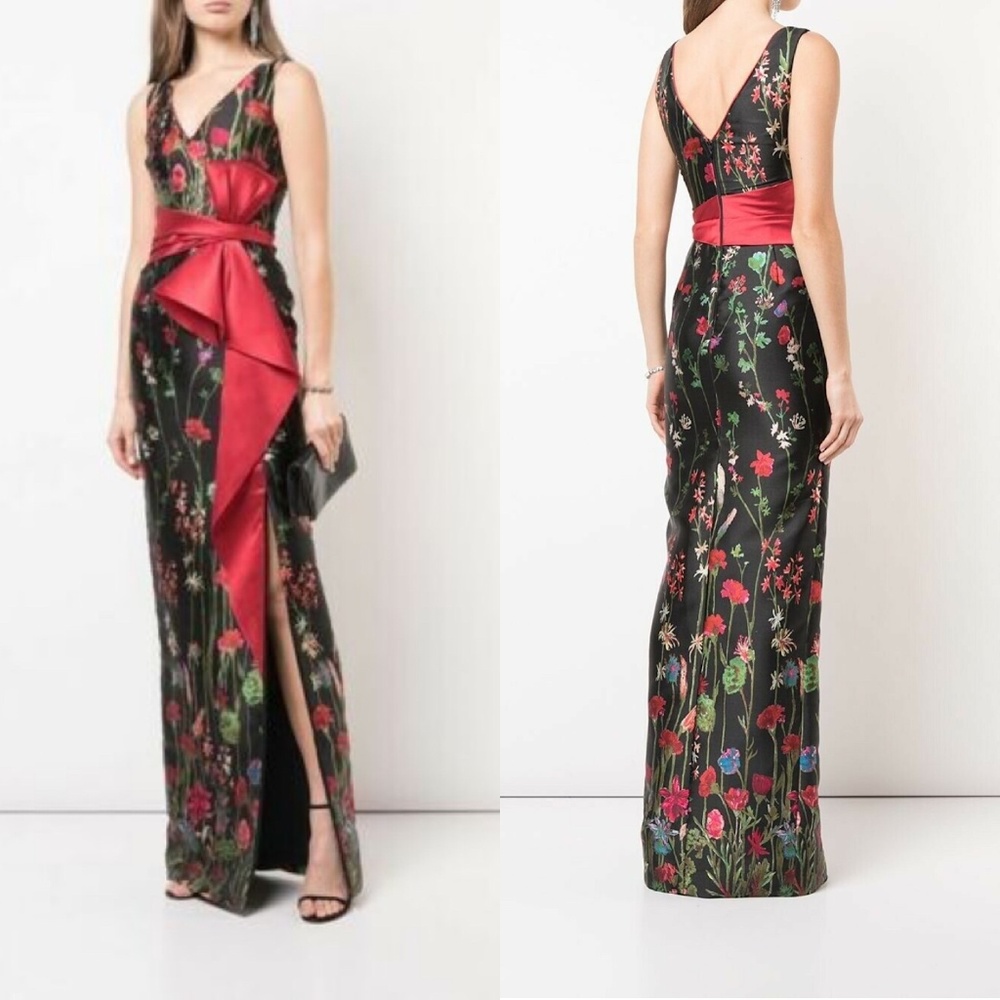 Marchesa Floral Maxi Dress with Red Sash